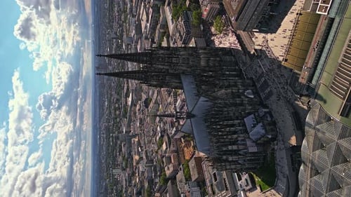 Cologne Cathedral and the surrounding cityscape. Vertical, aerial