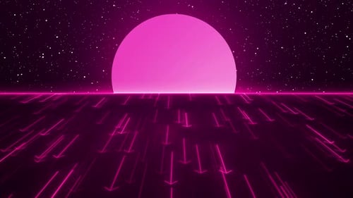 Retro Land Animation With Neon Arrow Direction Symbol And Sun. 80's Synth Wave Style Retro Backgroun