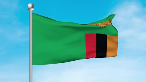 Zambia National Flag Waving Animation on Blue Sky