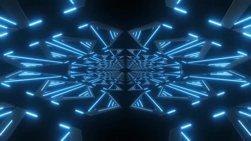 Dynamischer blauer Neontunnel mit geometrischen Mustern und Lichtstreifen