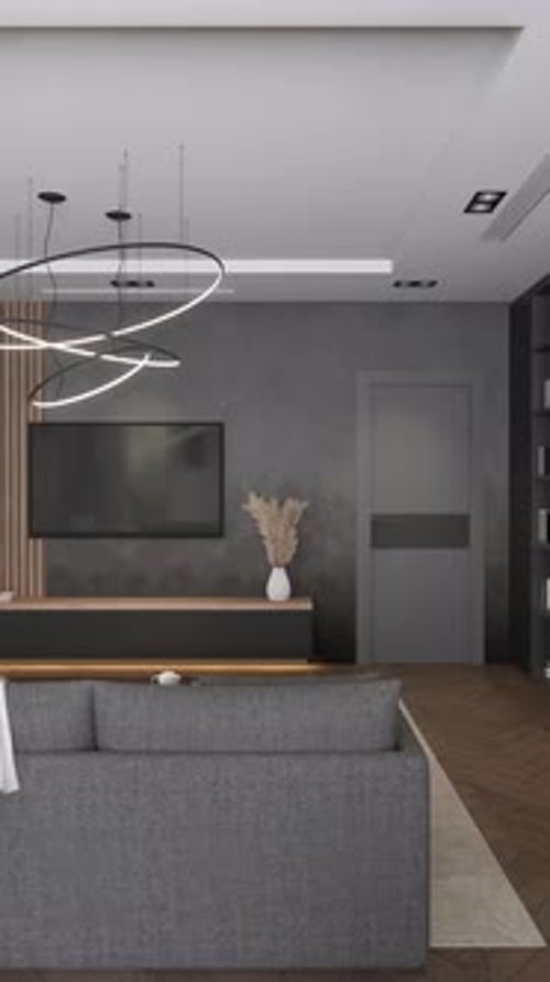 Modern studio apartment with open space living room and kitchen. 3d render