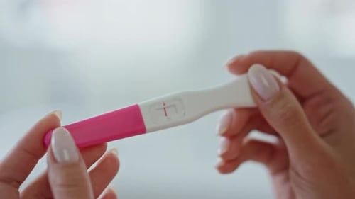 Woman Fingers Pregnancy Test Making Indoor Closeup Lady Looking Negative Result