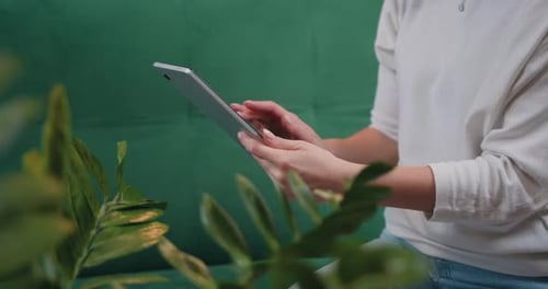 Mujer sentada en el sofá y navegando por una nueva aplicación en una tableta.