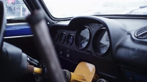 Close-up details of mechanisms of car. Levers inside old car. Details and internal mechanisms