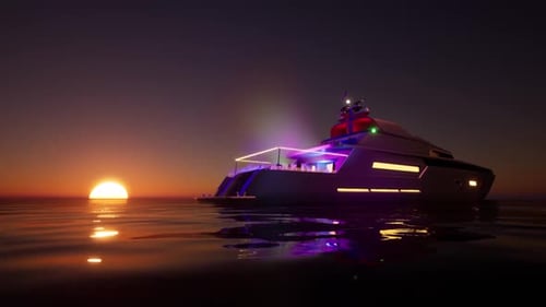Luxury Yacht Party with Neon Lights at Sunset