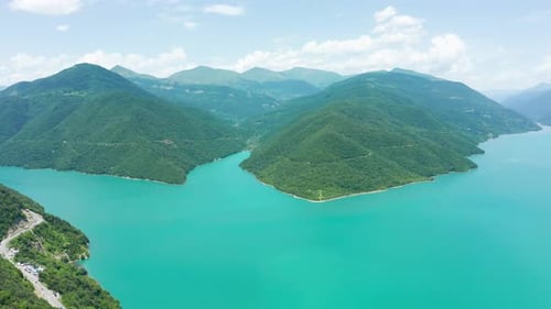Breathtaking Aerial Views of Vast turquoise lake - Zhinvali Reservoir in Georgia
