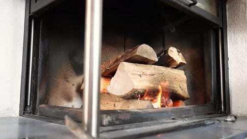 Burning Fireplace with Logs and Bright Flames