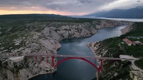 Aerial panoramic video with Maslenica bridge in Croatia