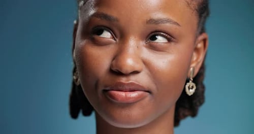 Face, remember and thinking with black woman in studio for contemplation, memories or nostalgia