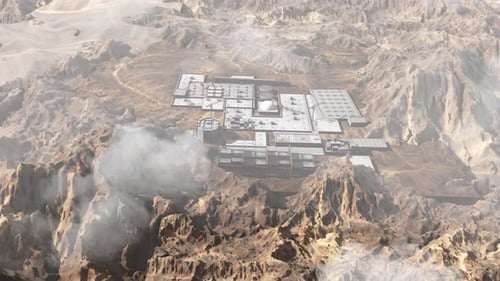 Secret Nuclear facility hidden in the desert with mountains, Aerial
