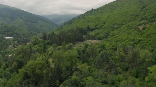 Drone shot green forest on mountains. Green landscape. Aerial view unoccupied, empty, deserted, In