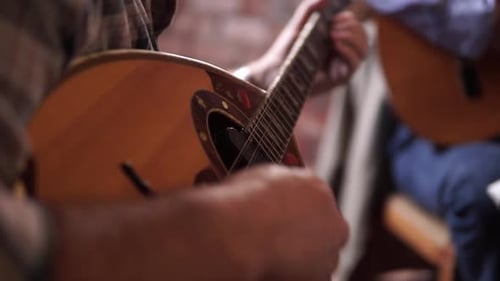 Musicians Playing Bandolims Close Up Musical Instrument