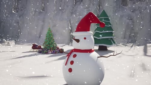 Christmas Snowman and Decorated Tree in Snowy Winter Landscape