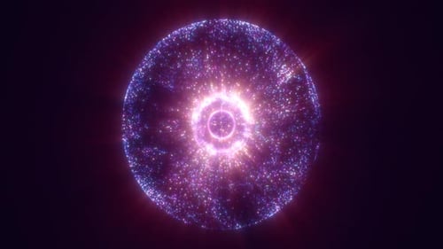 A brilliant purple sphere with circular trails and particles