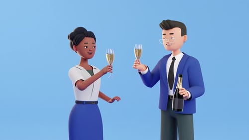 Homme et femme tenant des coupes de champagne, animation de rendu 3D. Vin mousseux, pour porter un toast