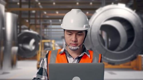 Close Up Of Asian Male Engineer Working On A Laptop at Heavy Factory