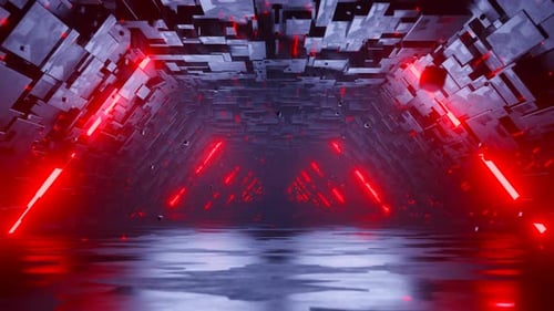 Rote Neonlichter, futuristischer Sci-Fi-Tunnel, abstrakte digitale Kunst, Hintergrund, Designtechnologie, 3D-Schleifen