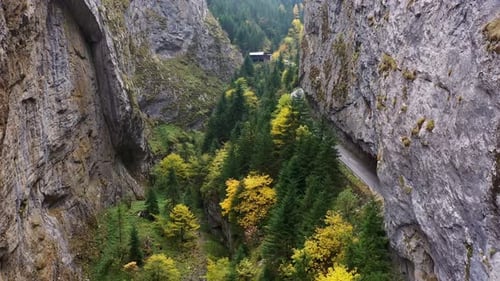 Trigrad gorge of a vertical marble rocks in the Rhodope mountains at autumn