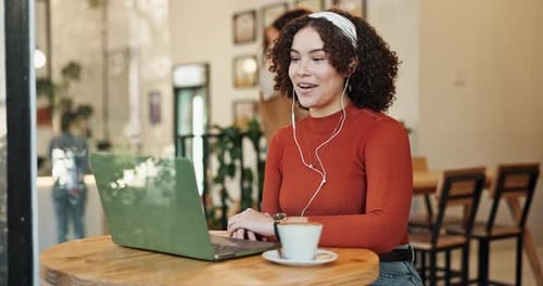 Video call, talking and woman on laptop in cafe for remote work opportunity