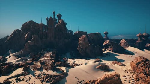 Cinematic Scene Showing Isolated Fortress in Expansive Desert