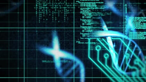 Animation of dna strand, computer circuit board and scientific data processing