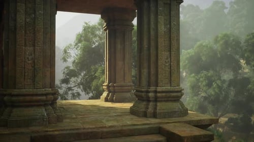 Serene Rainforest Temple Backdrop Golden Morning Light Over Ancient Temple