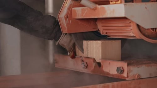 Cutting Brick with Stationary Saw Machine Close Up