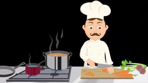 Cartoon Chef Preparing Food Chopping Carrots Flat Animation