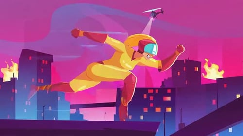 Superhero Running Across Rooftops Neon City at Night, Futuristic Cyberpunk Hero - Cartoon Animations
