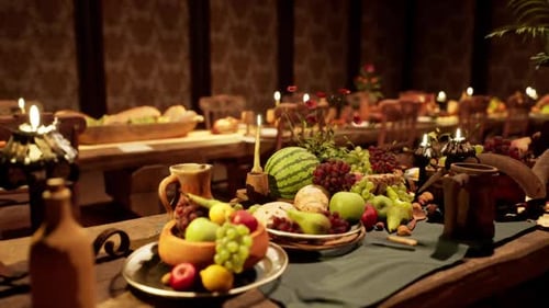 Medieval Feast Table with Abundant Food and Flickering Candles