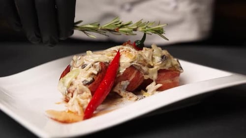 Chef Garnishing Plated Food with Rosemary
