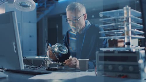 Electronics Maintenance Engineer Enters His Workshop with Coffee Beginss Soldering of Circuit Board
