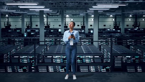 Full Body Of Asian Business Woman Using Mobile Phone An Looking Around In Data Center