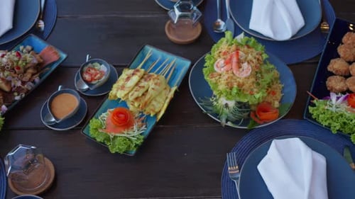 Diverse Dishes Restaurant Table Top View Culinary Spread Delicious Nutritious Food Diners Flavorful