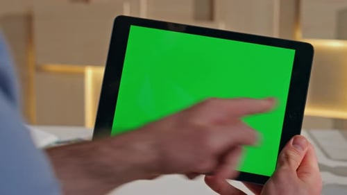 Ceo Hand Touching Chroma Key Tablet Checking Work Project at Work Desk Close Up