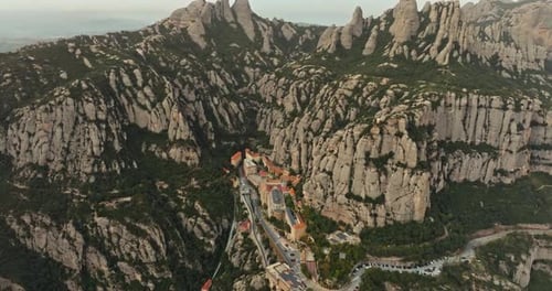 Aerial View of Saint Mary's Monastery on Montserrat Mountain in Catalonia