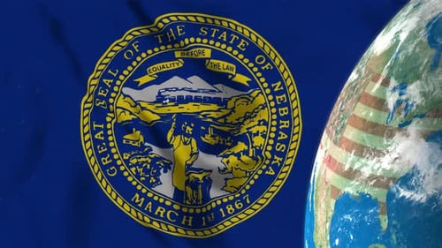 Nebraska State Flag Waving with Globe for Geographic Representation