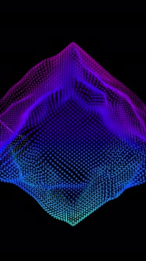 Ondas de distorsión en bucle en un cubo abstracto de partículas, datos digitales, salpicadura de caja, matriz de puntos