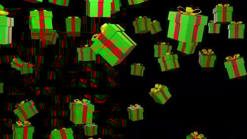Falling gift boxes isolated on black background 3d render. Green gift boxes tied with a red ribbon