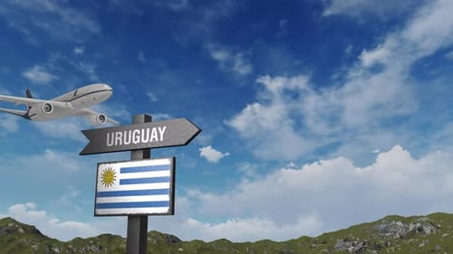 Uruguay Flag With Airplane And Arrow Sign
