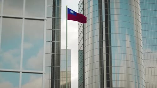 Taiwan National Flag Waving Over Modern Office Buildings