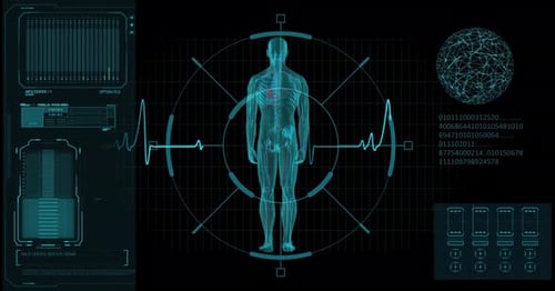 Scananalyse der menschlichen Anatomie auf einer futuristischen Touchscreen-Oberfläche mit Knochen, Organen und Nervenzellen