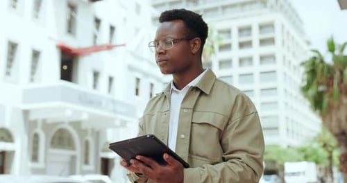 Business, city and black man with tablet, typing and internet with connection