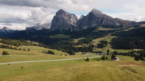 Alpe Di Suisi Dolomites Italy Aerial Drone View of Alpine Meadow at Idyllic Seiser Alm Valley with
