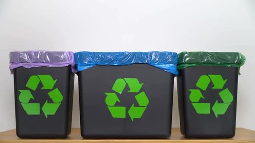 Recycling Bins with Garbage Being Thrown Away