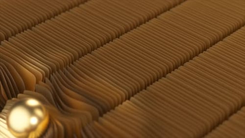 Golden Sphere Rolls Across a Surface of Golden Tiles Tilting Them Upward and Creating a Dynamic Path