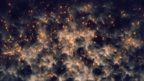 Abstract bright fiery sparks and dark gray bonfire smoke with fire