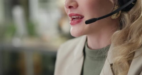 Talking, mouth and woman in call center office for customer service, closeup and business crm