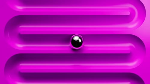 Bola abstracta de metal cromado en 3D que viaja por un circuito rosa