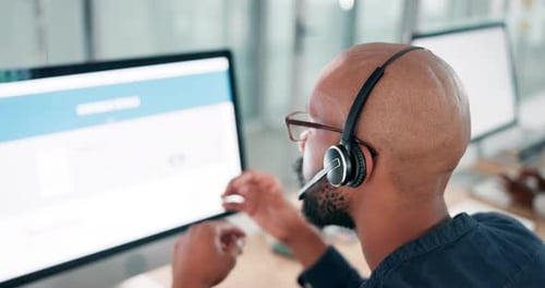 Call center, businessman and screen with communication and telemarketing for customer service